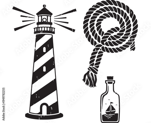 A black and white illustration of a lighthouse emitting light beams next to a coiled rope and a message in a bottle on the shore.