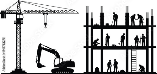 Construction workers building multi story concrete structure with tower crane and excavator, industrial construction site silhouette showing engineering, infrastructure development and heavy machinery