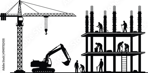 Construction workers building reinforced concrete structure with tower crane and excavator, industrial construction site silhouette showing heavy machinery and engineering infrastructure development