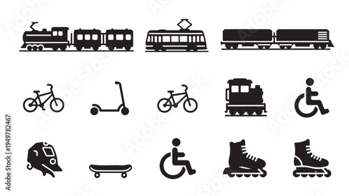 Various transportation modes and sports equipment icons on white background