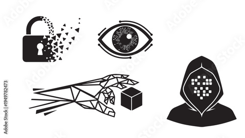 A hooded figure with a pixelated face looks at an eye with a cube and a robotic arm nearby, next to a padlock with particles.