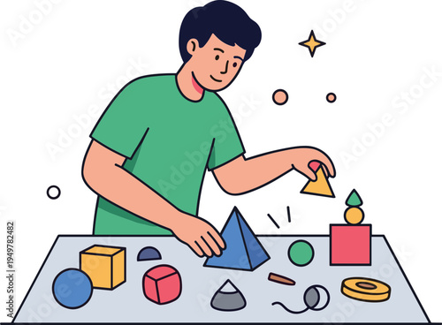 A man builds a pyramid with colorful blocks on a table indoors.