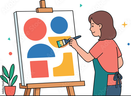 Woman painting colorful geometric shapes on canvas indoors with plant