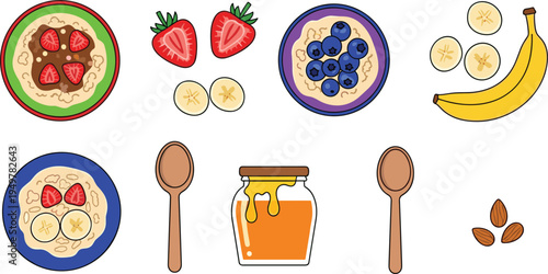 Healthy Oatmeal Breakfast and Fresh Fruit Ingredient Icon Collection Featuring Strawberry, Banana, Blueberry Bowls, Honey Jar, Almonds and Wooden Spoons