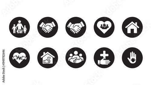 Various social support icons depicting people, hands, heart, home, and charity on white.