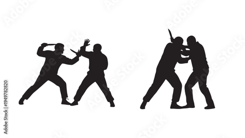 People engage in intense combat training with swords in a martial arts setting indoors.