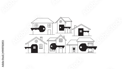 Black and white illustration shows cows and pigs standing in front of various houses