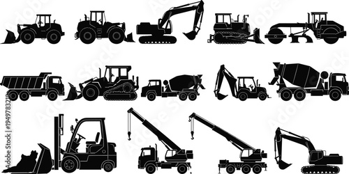 Heavy construction machinery silhouette collection with excavator, bulldozer, dump truck, crane, forklift and concrete mixer, industrial equipment set for engineering and building work