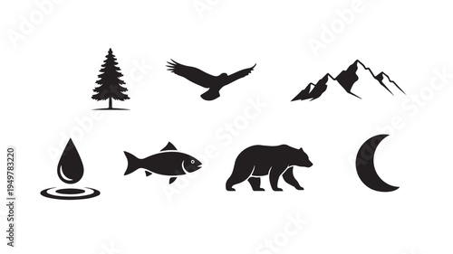Black silhouettes of tree, eagle, mountains, water drop, fish, bear, and moon.