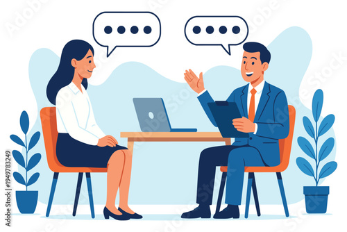 Business man and woman talking during job interview meeting at office desk, flat vector illustration