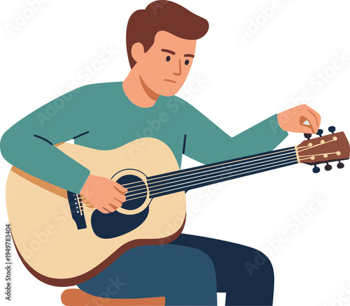 A man plays an acoustic guitar while sitting on a stool indoors.