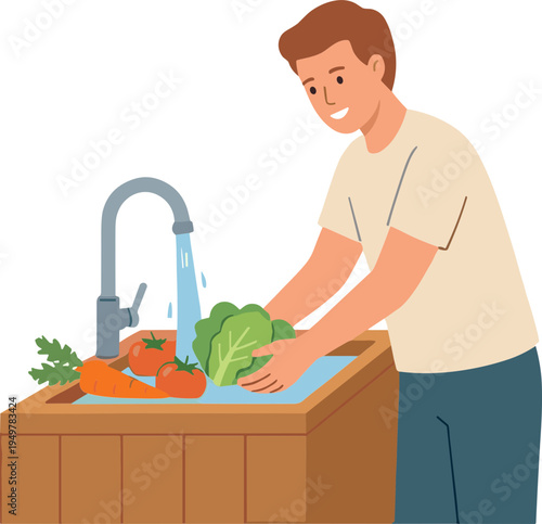 Man washing vegetables in a kitchen sink with running water