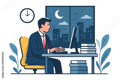 Business Man Working Late at Night on Computer in Office Room, Flat Vector Illustration
