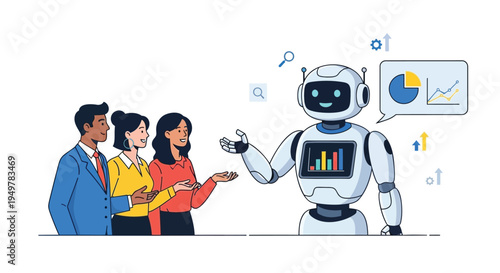 Vector illustration of robot and business people with data analysis