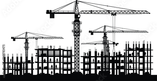 Large construction site silhouette with tower cranes and workers building multi story structures, urban infrastructure development, civil engineering and industrial building project concept