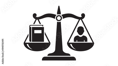 The law book and person are weighed equally on the balance scale.