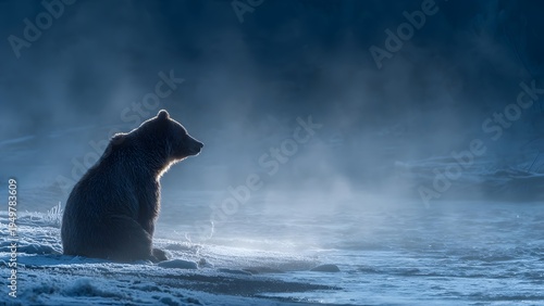 Lone Brown Bear Sitting in Cold Misty Wilderness Scene