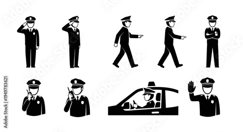 Police Officers Various Actions Silhouette.