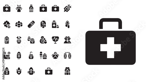 A first aid kit is placed on a table surrounded by various medical icons.