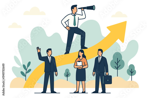 Business team following leader to achieve growth and success with upward arrow direction, flat vector illustration