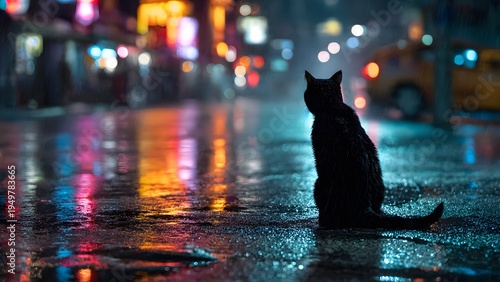 A Lonely Black Cat Sitting on a Rain-Slicked City Street at Night