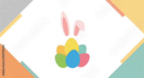 Colorful easter eggs with bunny ears on white background surrounded by geometric shapes in corner