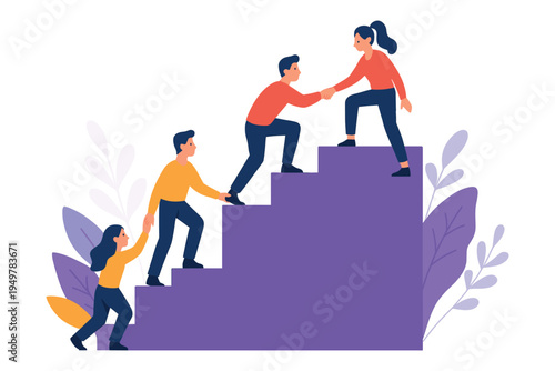Business team helping each other climb steps to achieve success and career growth, flat vector illustration