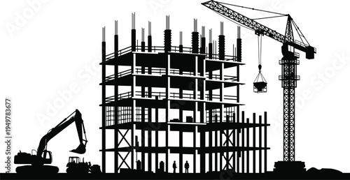 Silhouette construction site with tower crane, excavator and workers building reinforced concrete structure, industrial building development and urban infrastructure engineering project scene