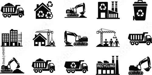 Recycling and construction industry silhouette icon set with dump trucks, excavators, recycling plant, buildings and waste management symbols for environmental infrastructure concept