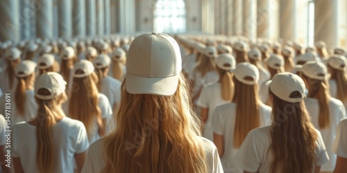 A group of women in identical white uniforms stand with their backs in a large hall.