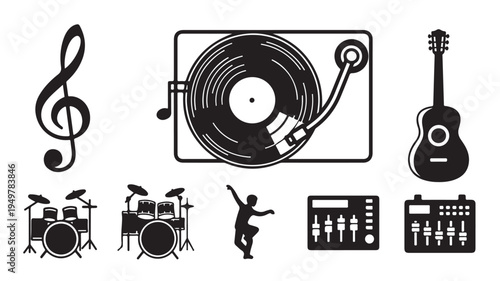Music icons including treble clef, record player, guitar, drums, dancer, and mixer on white