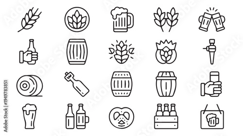 A comprehensive collection of twenty crisp black and white line art icons depicting various beer, brewing, and pub culture elements, ideal for web design, beverage menus, and digital media projects