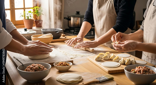 Three people collaboratively prepare dumplings by hand on a wooden kitchen counter with flour dusting the surface.
