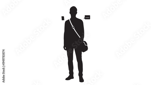 A person stands with a bag slung over their shoulder in a neutral environment.