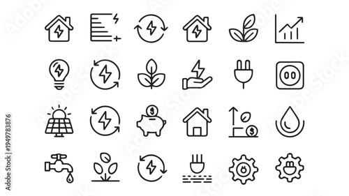 A comprehensive set of minimalist black line art icons depicting sustainable energy, eco-friendly concepts, and green living, perfect for web and app design projects