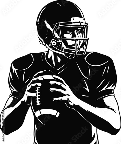 Detailed black and white stylized illustration of an American football player wearing a helmet and holding the ball, ready to throw a pass.