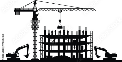 Silhouette construction site with tower crane, excavators and workers building multi story concrete structure, heavy machinery and industrial building development concept