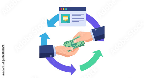 Illustration of two hands exchanging green money in a browser window, with a circular arrow depicting online transaction flow from view.