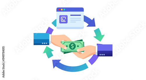 Online Transaction Flowchart Showcases Hands Exchange Cash, Computers Screens, and Circulating Arrows Highlighting Digital Payment Process