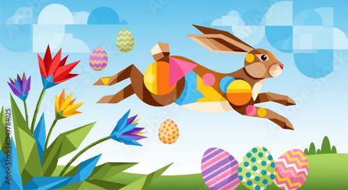 Colorful easter bunny jumping with eggs and flowers in spring