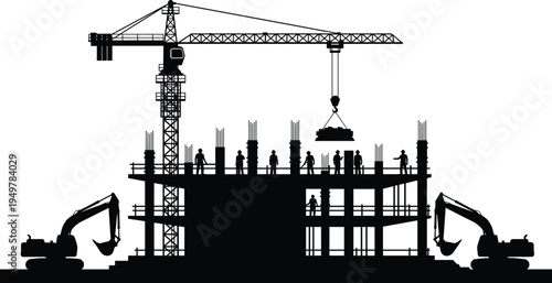 Silhouette construction site with tower crane, excavators and workers building multi story structure, industrial engineering project, heavy equipment and building development concept