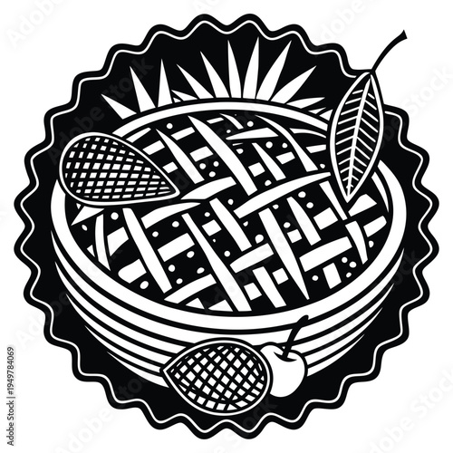 Black and white of a pie with lattice crust and decorative crimped edges