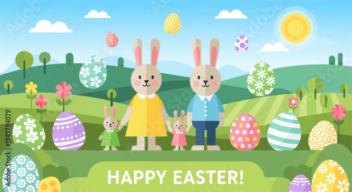Happy easter bunny family standing in green field with colorful eggs and spring flowers