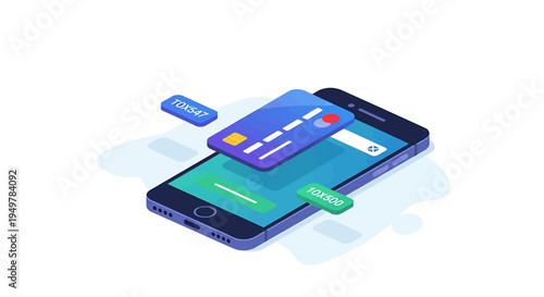 smartphone and creditcard displayed beside a blue icon, showing online payment concept from a diagonal angle