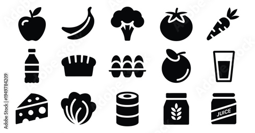 vector food icons set, black silhouette healthy fruit and vegetable symbols. minimal glyph style collection for organic nutrition,  grocery shopping, kitchen menu graphics,restaurant ui design.