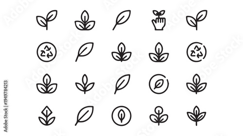 A versatile collection of twenty minimalist black line art vector icons, featuring various plant leaves, green sprouts, and environmental symbols, perfect for eco-friendly and nature-themed designs