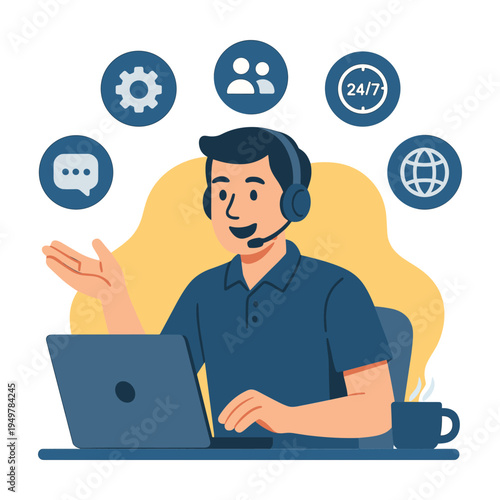 Customer Support Agent Talking on Headset While Working on Laptop with Online Service Icons and Help Desk Concept, Flat Vector Illustration