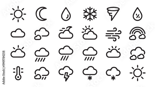 A versatile collection of minimalist black line art weather icons, depicting diverse atmospheric conditions for design and informational use
