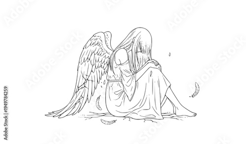 Sad fallen angel sitting with broken wing negative space anime line art vector illustration