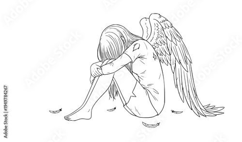 Fallen angel sitting with broken wing anime negative space line art adult coloring vector illustration